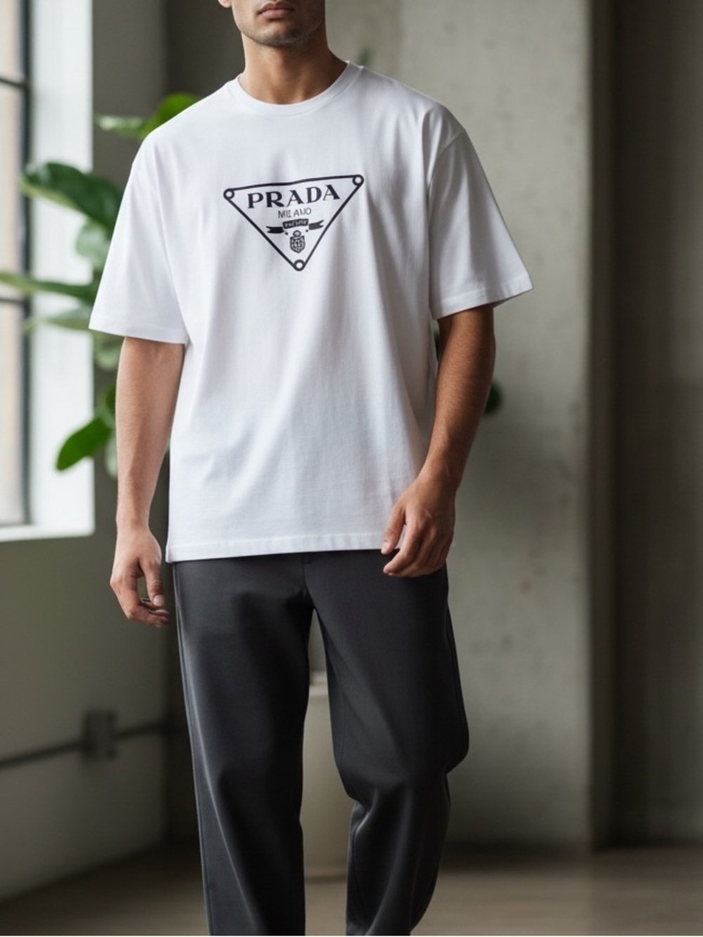 Cotton Unisex Luxury Triangle Logo Short Sleeve Shirt T Shirt White Black - Picture 2 of 3